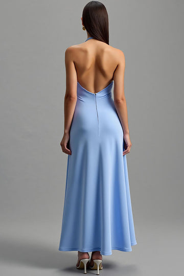 Halter Blue Ruched Long Formal Dress